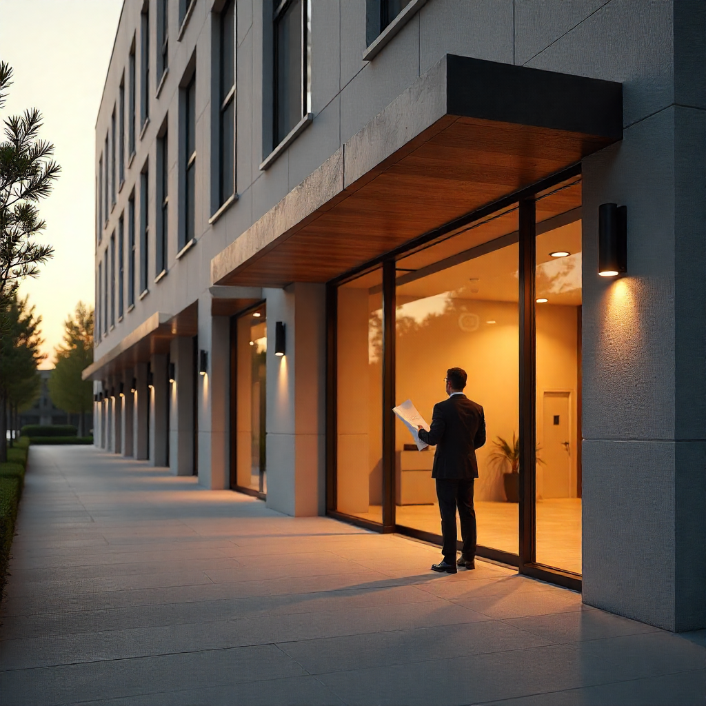 Man standing beside commercial building